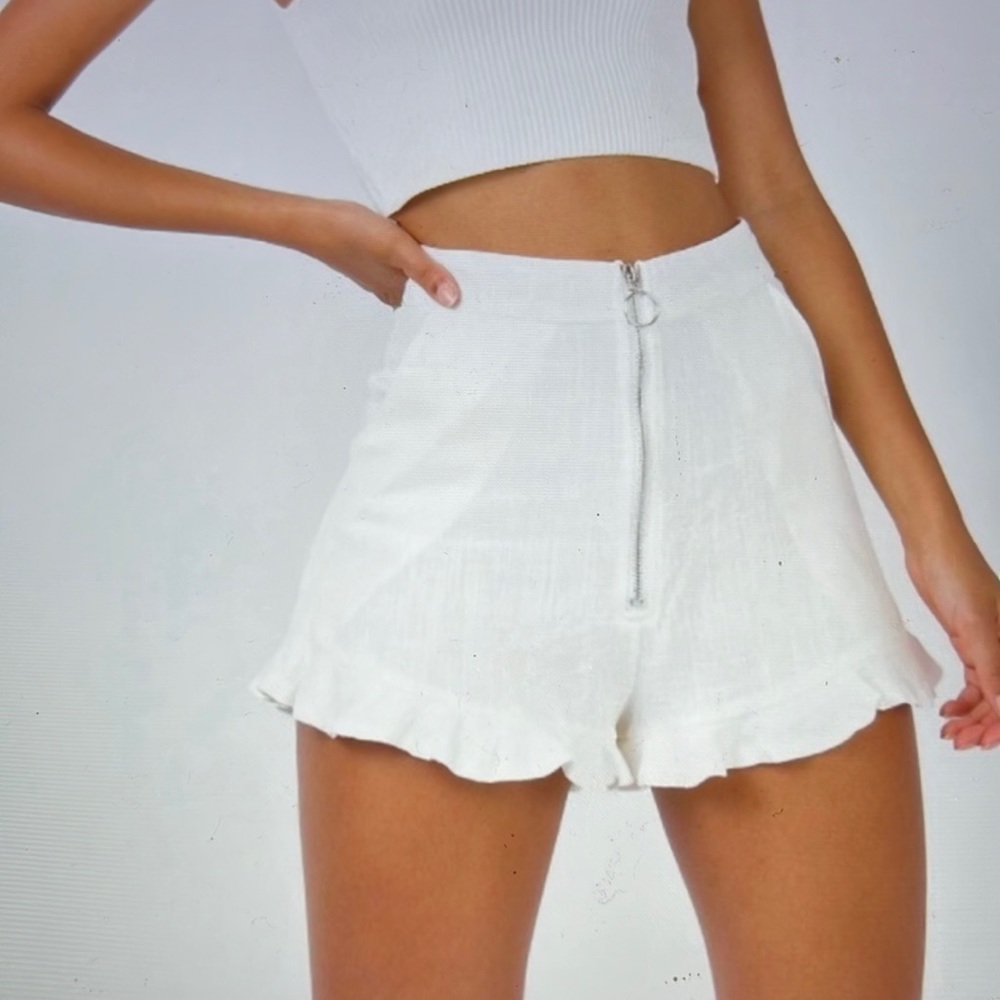 Princess Polly Zip Front Linen Ruffle Shorts